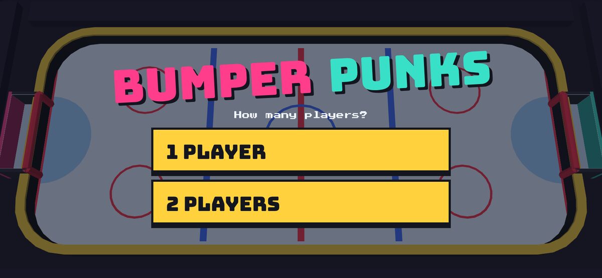 Menu: the Bumper Punks logo over a live match, with big yellow buttons for one or two players