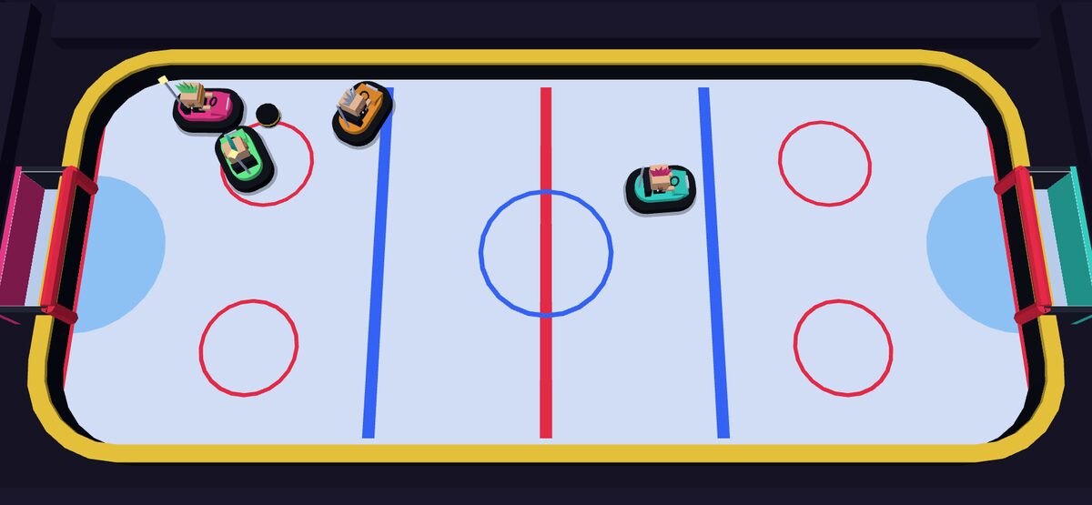Four bumper cars with punk drivers fighting for the puck on an ice rink