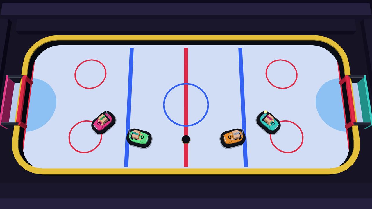 The whole rink from the side: pink goal on the left, teal goal on the right, four bumper cars and the puck at centre ice